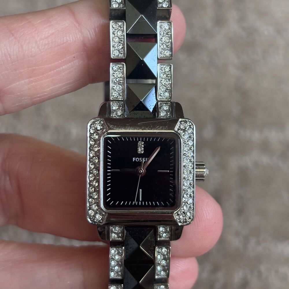 Fossil Silver Tone Stainless Steel Black Accent Watch Women Bling Adjustable - Picture 2 of 8